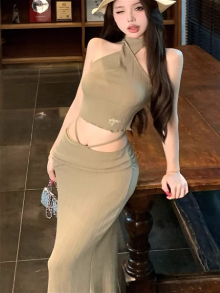 Conjuntos de dos piezas de punto ajustados para chica picante, camisola corta ajustada con cordones en la espalda, Top y falda larga de tubo de cintura baja