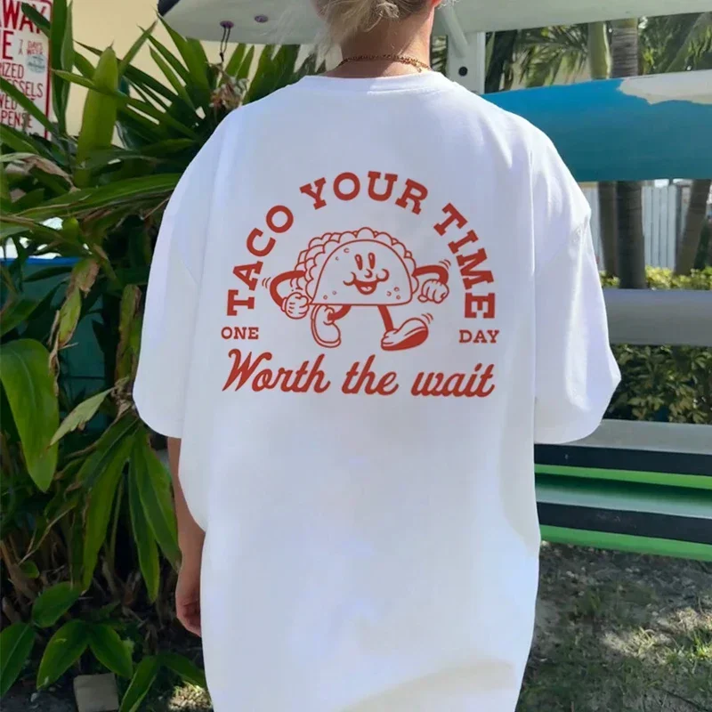 

Taco Your Time Retro Funny Food T-Shirts Hippie Cute Taco Lover T Shirt Women Loose Cotton Streetwear Top Unisex Fashion Clothes