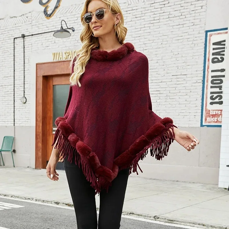

Europe Fur Collar Winter Shawls And Wraps New Cape Print Tassel Coat Women Winter Lady Ponchos Capes Red Cloak