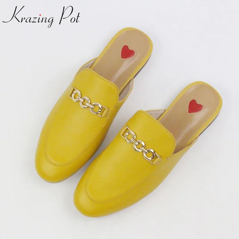 

2025 Genuine Leather Brand Summer Shoes Slip On Large Size Embroidery Flat With Slingback Outside Slippers Metal Chains Mules