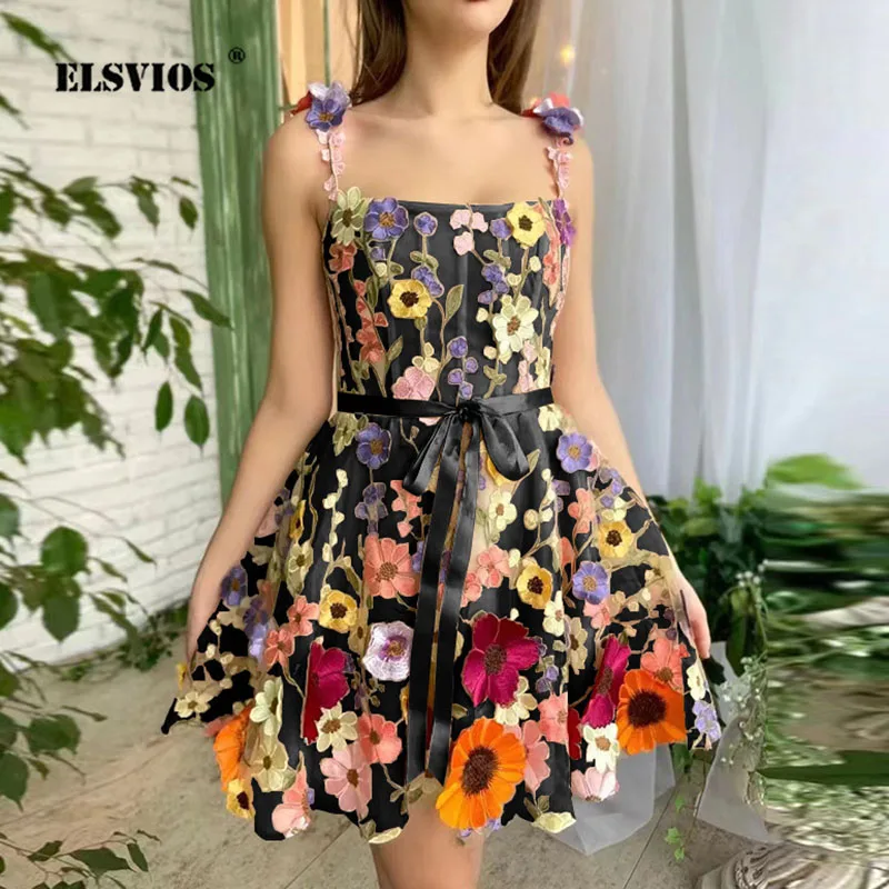 

Commute Female Party Dress Summer New Fashion Sexy Sleeveless Flower 3D Embroidery Slimming Dresses Lace Mid Waist Basic Skirts