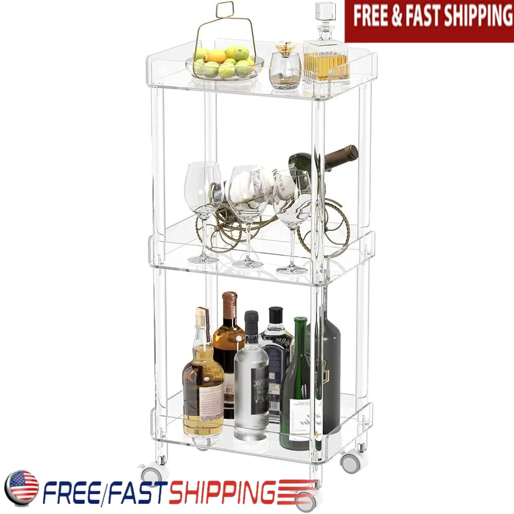 

Small Acrylic Bar Cart 3 Tier Rolling Serving Cart with Lockable Wheels Mini Portable Kitchen Storage Organizer Home Bar Drinks