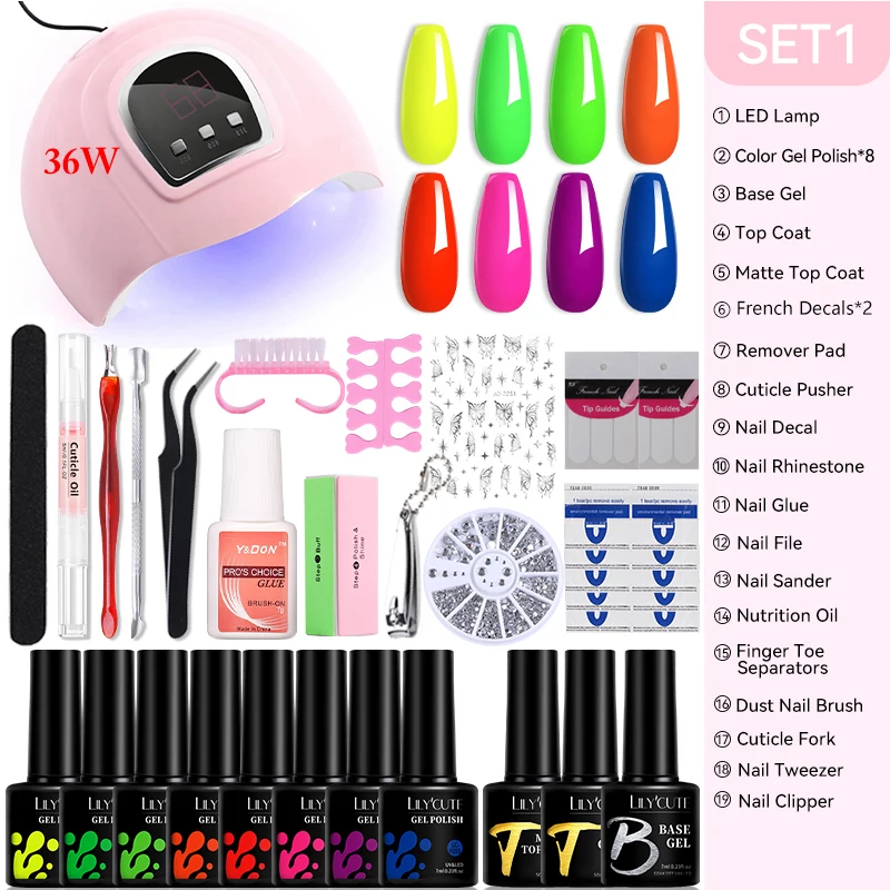 LILYCUTE 매니큐어 풀 세트 형광 젤 매니큐어 UV LED 램프 건조기 빠른 확장 네일 젤 Vernis 네일 아트 도구 키트