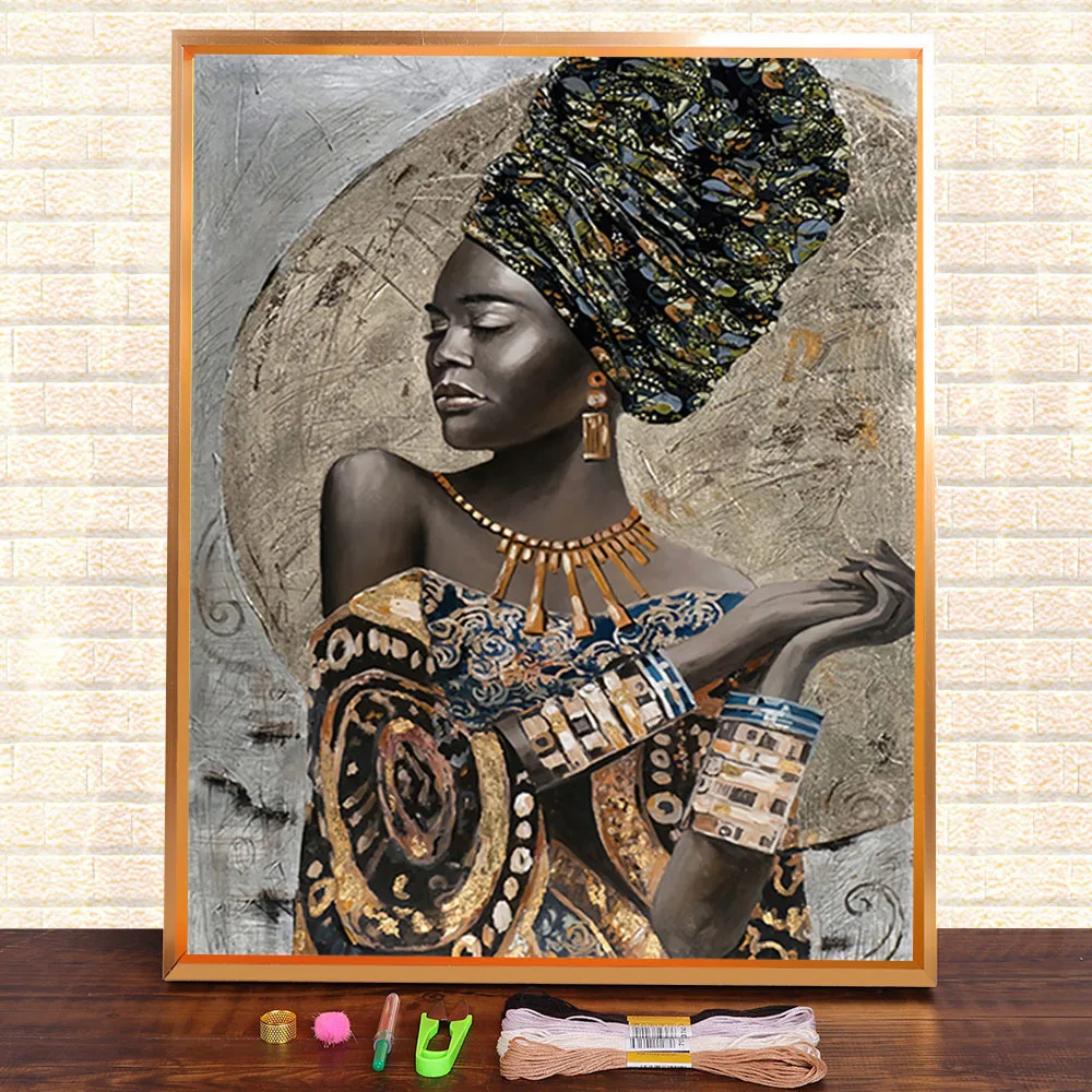 African Woman Printed Canvas 11CT Cross-Stitch Complete Kit Embroidery DMC Threads Knitting Handiwork Needlework    Different