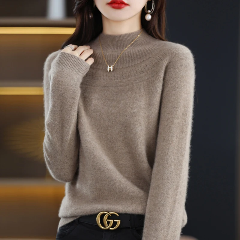 2024 Autumn Winter New Women\'s Sweater Pure Wool Pullover Long Sleeved Hollow Loose Slim Fit Solid Color Simple Versatile Tops