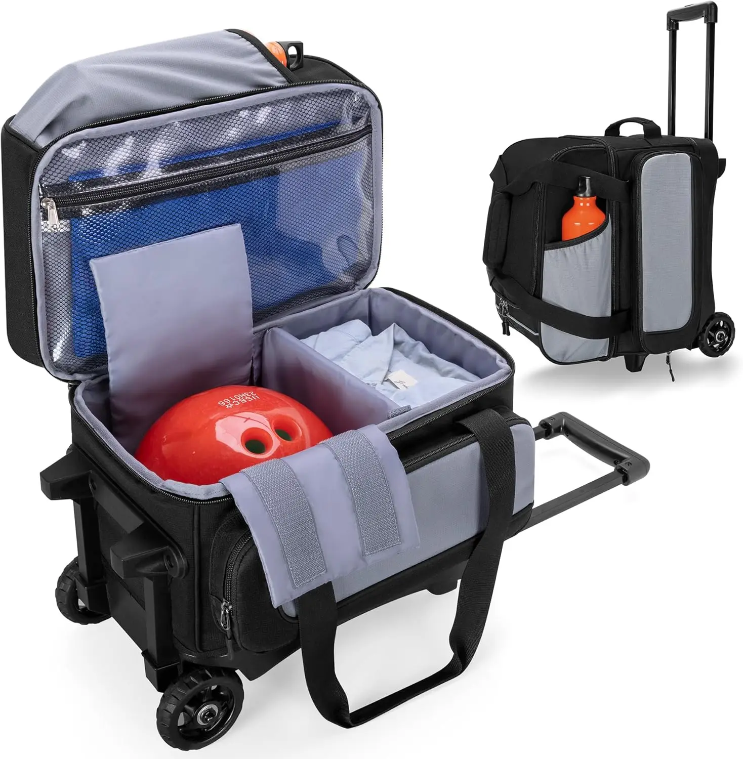 

Single Ball Rolling Bowling Bag with Wheels and Handle, Shoe Compartment, Black Gray