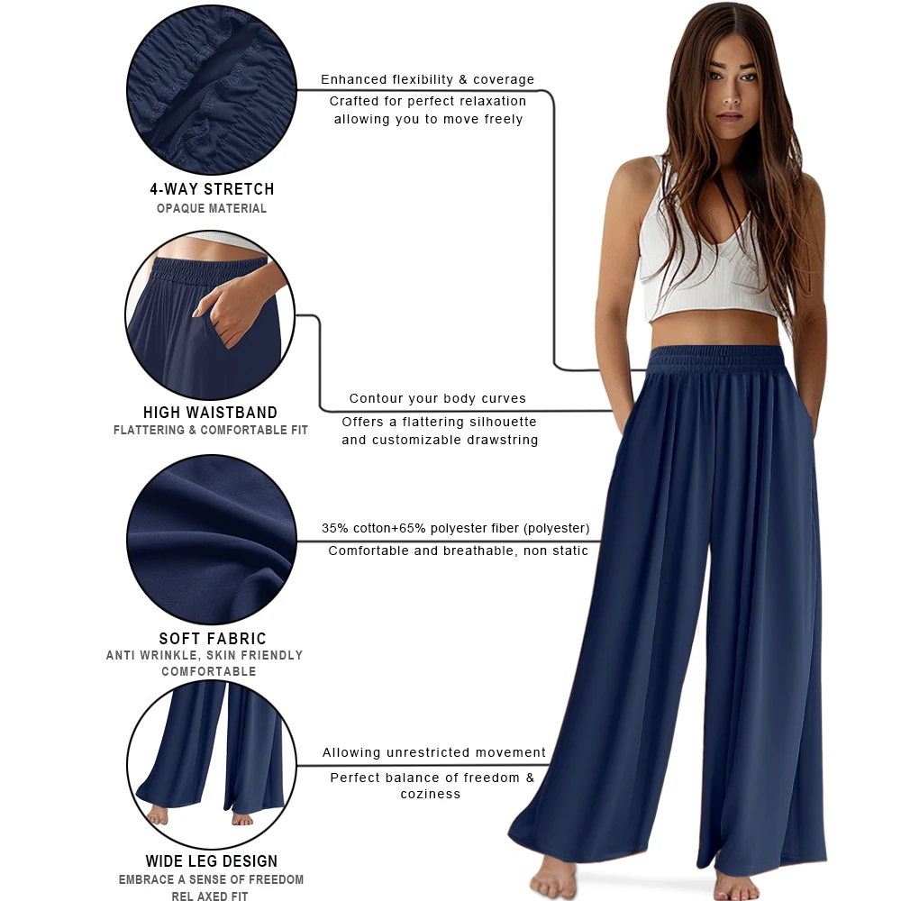 Spring Summer Women Elastic High Waisted Wide Leg Pants Female Solid Long Length Pants Casual Loose Plus Size Ladies Trousers ﻿