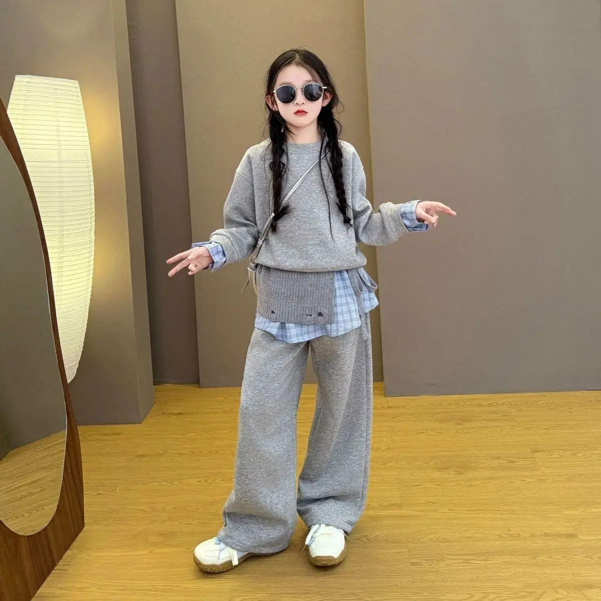 Girls' Korean Style Retro Patchwork Hoodie And Wide Leg Pants Outfit Set Spring Autumn Breathable Comfortable Children Clothing