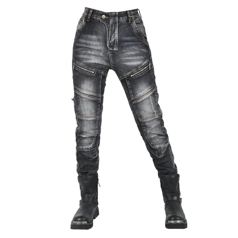 New Motorcycle Zipper Womens Elastic Jeans Motorcycle Riding Rider Pants With Protective Tear-resistant Washed Motocross Pants