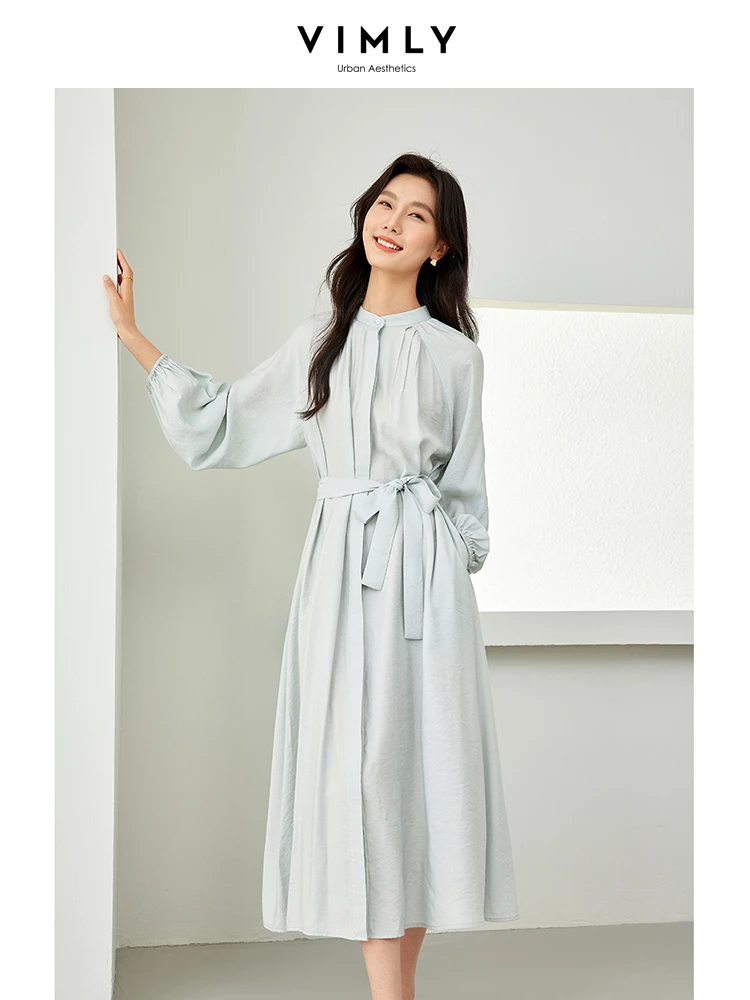 Vimly Women Midi Dress 2024 Spring Vacation Elegant Fashion Tie Belt Long Sleeve Dresses with Pockets Womans Clothing M5296