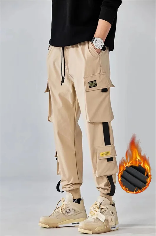 Thick cotton thread pants for men  plus size wool or fleece knee pads and leggings  winter warm pants with fleece for men