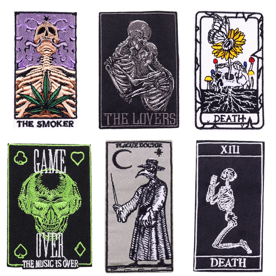 

Punk Embroidery Patches Skeleton Schnabel Tarot Iron on Cloth Stickers Chest Shoulder Badges Clothes Jeans Jackets Accessories