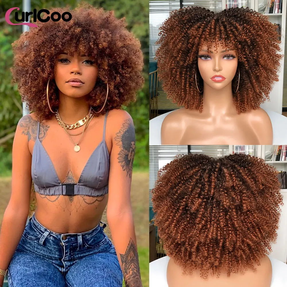 Short Afro Kinky Curly Wigs With Bangs For Black Women Cosplay Lolita Synthetic Natural Hair Ombre Blonde Wig