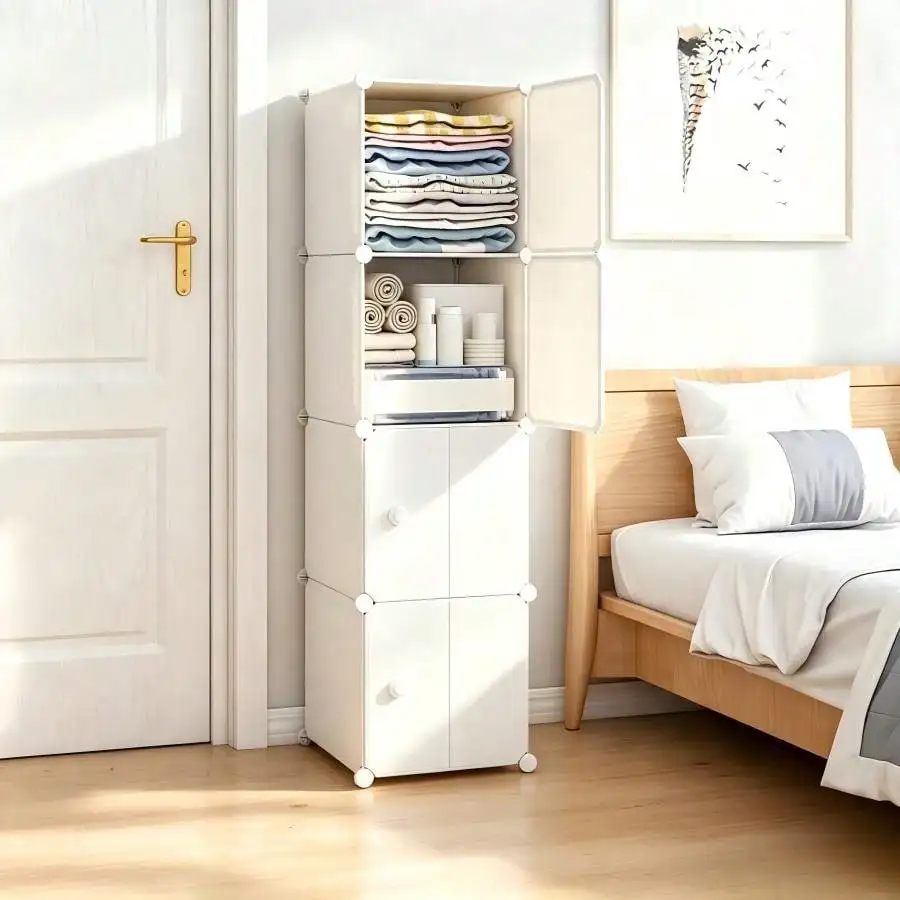 Narrow Tall Wardrobe Organizer Cabinet, Grid-Style Modular Dustproof Clothes Storage Closet With Separate Closed