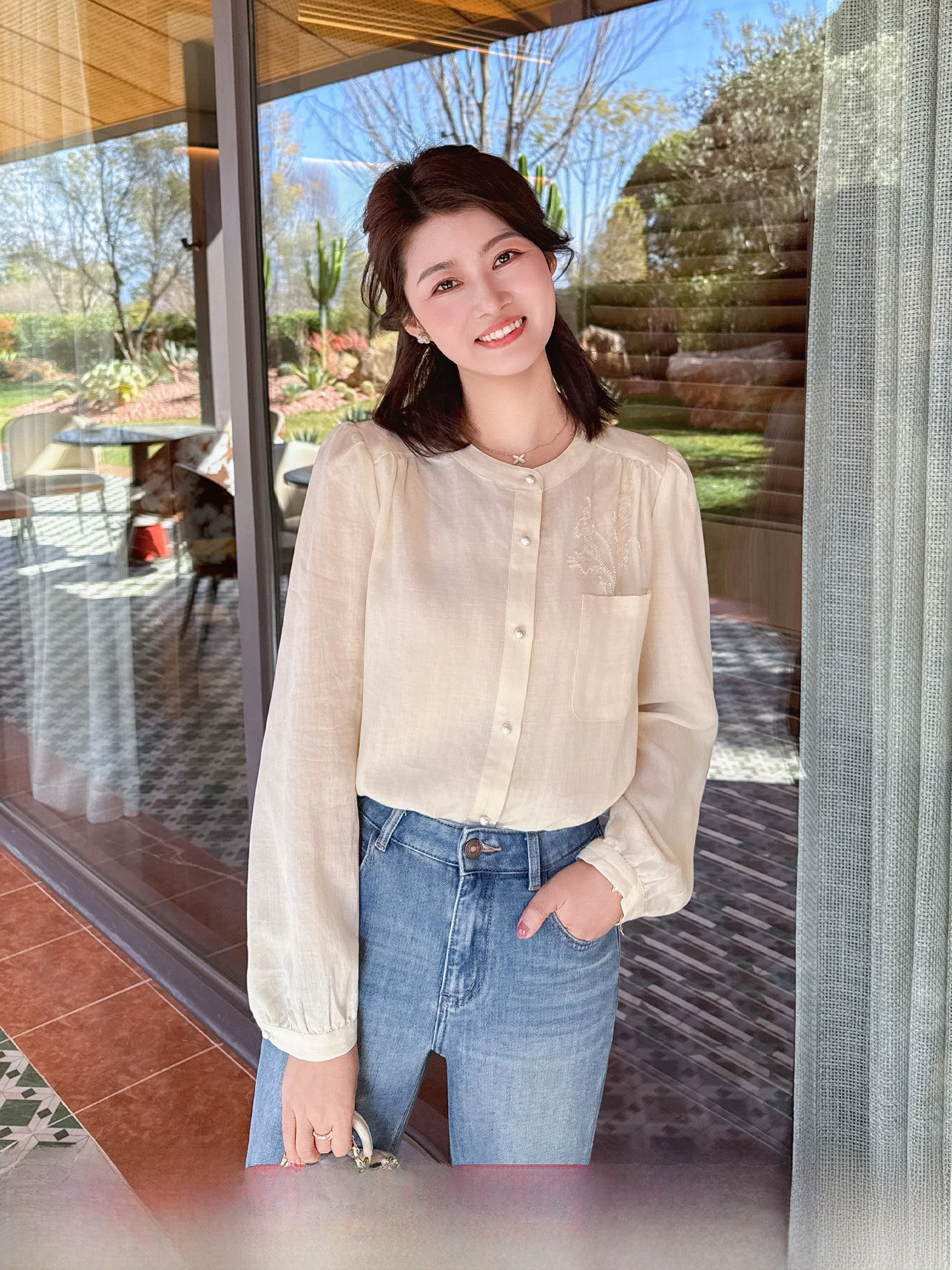 

Zillal Purple Lane Embroidered irt Casual Loose Fit Long Sve round Ne Women's Top with ket Beadwork Silk Lyocell Fiber