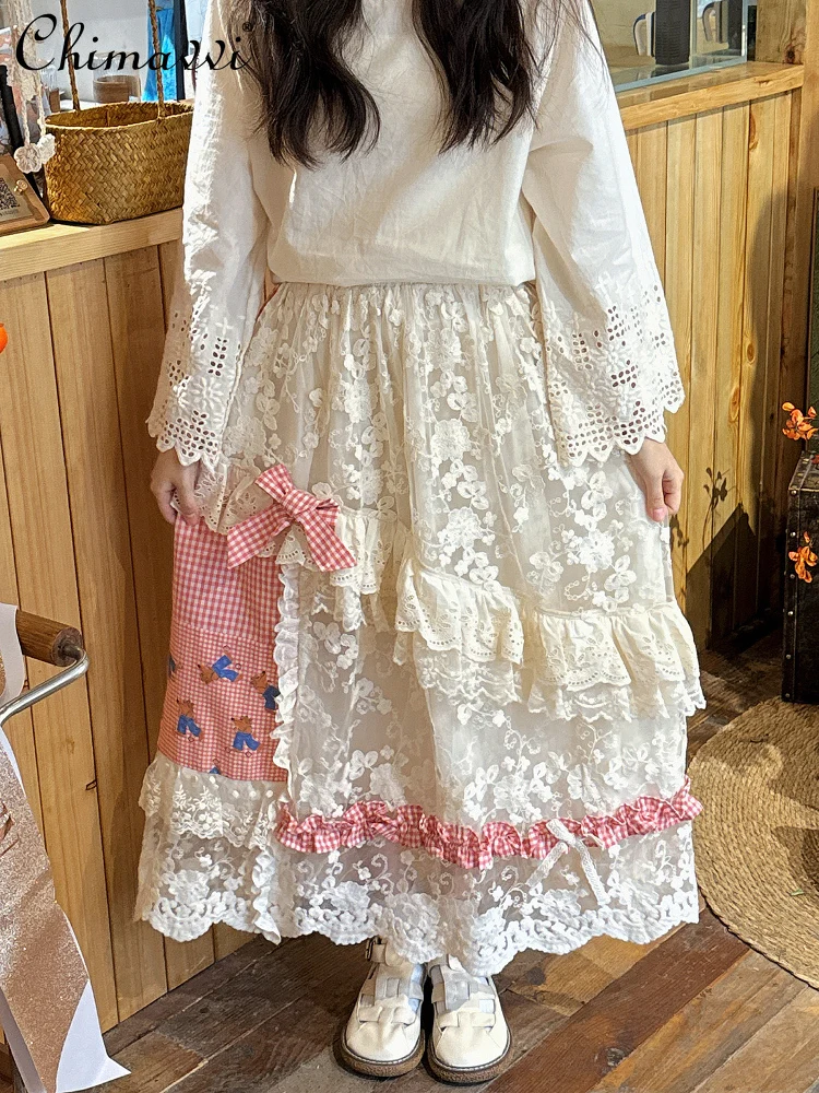 

Mori Sweet Girl Retro Plaid Bow Lace Medium and Long Skirt New 2025 Summer Fashion Princess Slim Temperament Women's Skirt