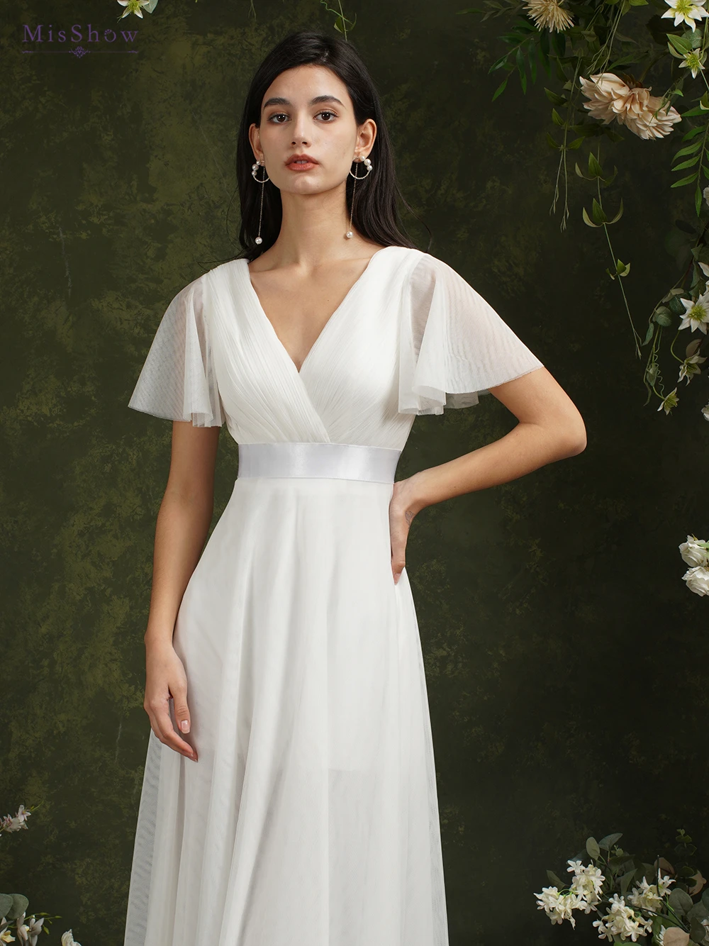 Simple Beach Ivory Wedding Dresses For Women A-Line Puffer Short Sleeve V-Neck Pleat Tulle Open Back Bridal Prom Gowns With Belt