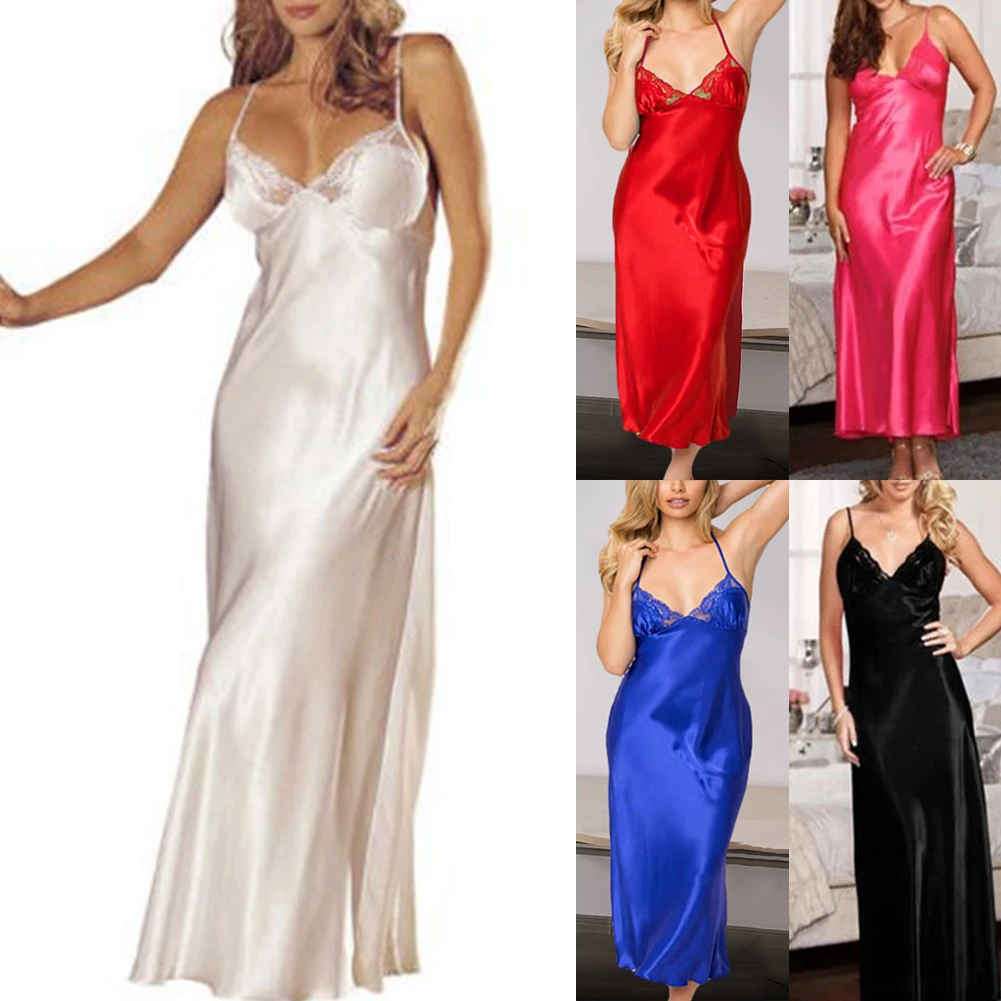 Women Ladies Sexy Satin Soft Nightdress Plus Size Lingerie Sleepwear Dress Long Robe Gown Nightwear V-Neck