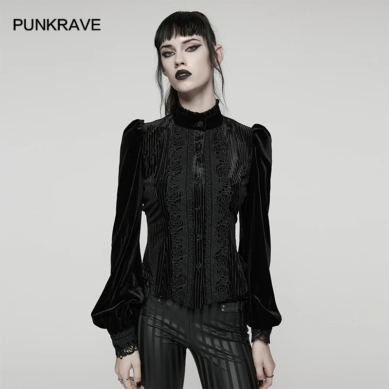 PUNK RAVE Damen Daily Goth Verschiedene Stoffe Gespleißt Schlank Stilvolles Hemd Rose Spitze Elegante Tops Retro Bluse 3 Farben