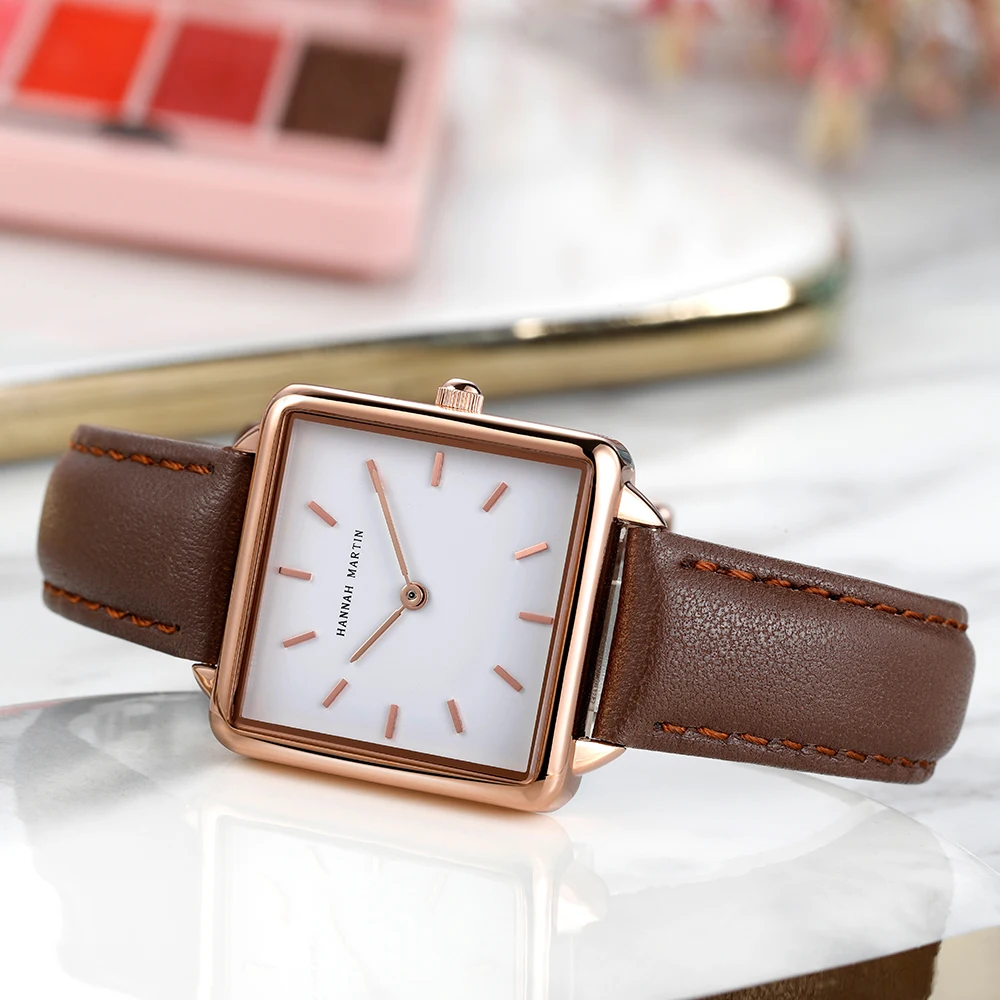 Hannah Martin Simple Leather Watch For Women Japanese Movement Quartz Wristwatch Fashion Casual All-Match Clock Black Gift Box