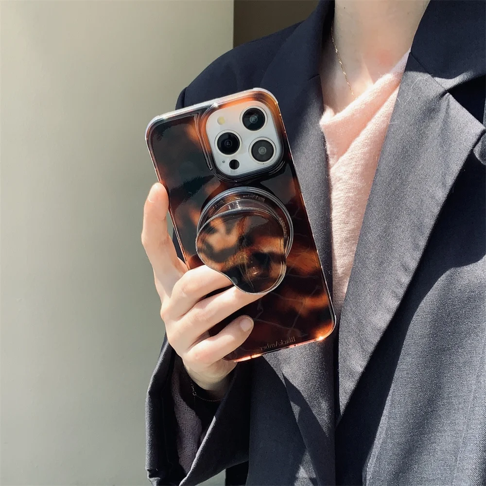 Vintage Amber Leopard Print Magnetic Holder Magsafe Wireless Charge Phone Case For iPhone 16 15 14 13 12 11 Pro Max Cover