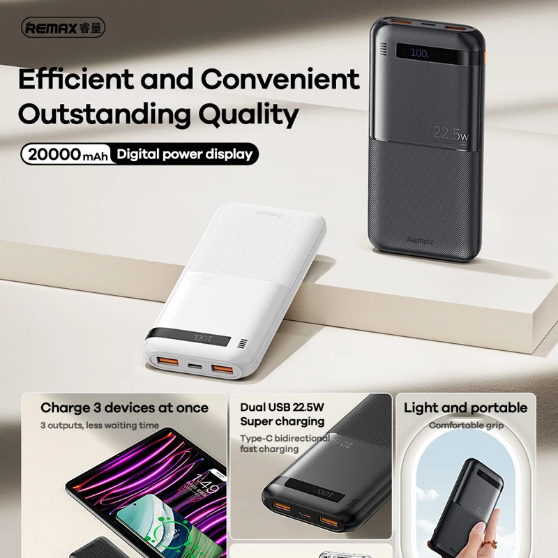 

REMAX 20000mAh Power Bank For iPhone 15 14 Pro MAX 13 12 Mini 11 Xiaomi Samsung Portable PowerBank Fast Charge External Charger