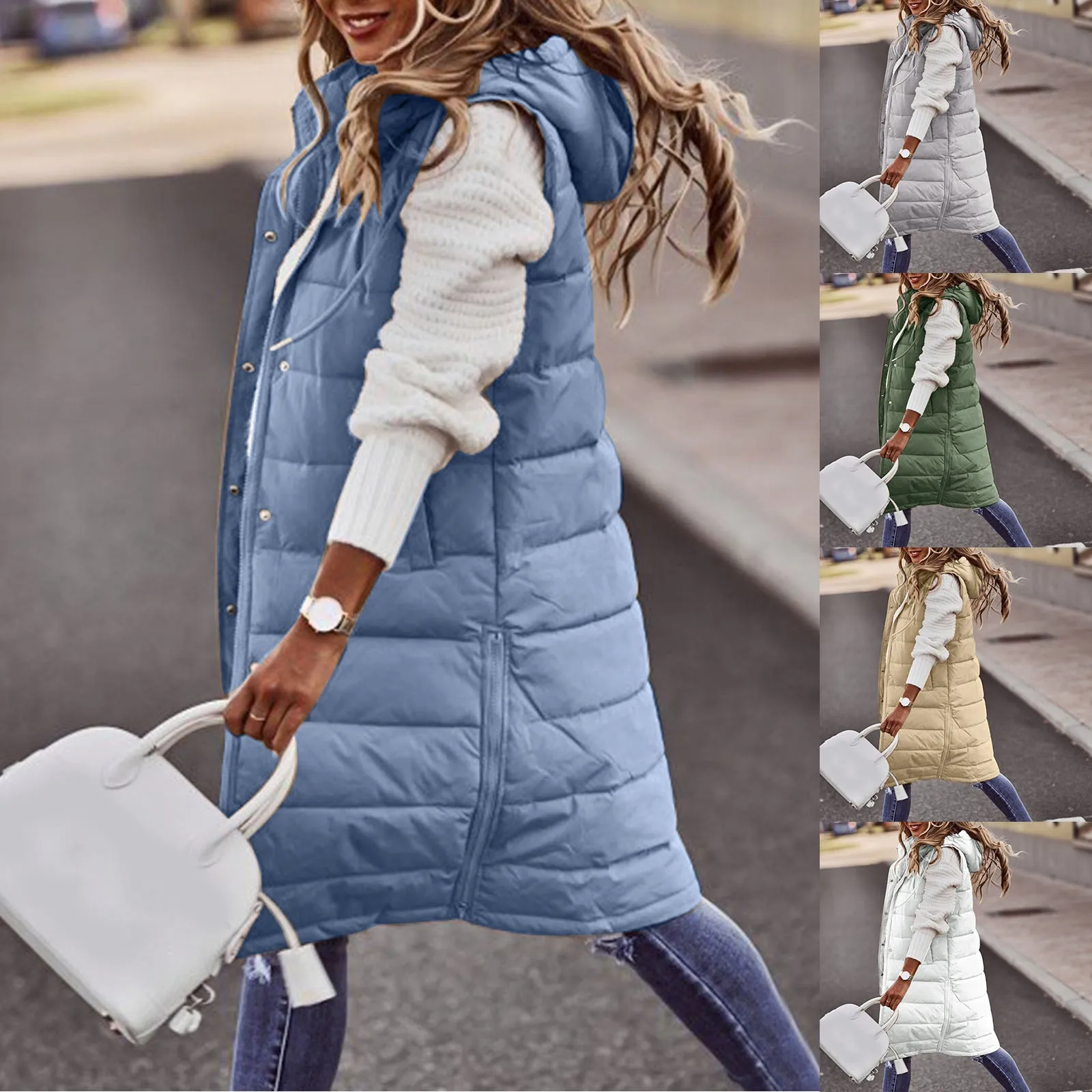 Women Winter Down Vest Coat Padded Solid Color Sleeveless Hooded Mid Length Slim Fit Pockets Lady Long Winter Waistcoat