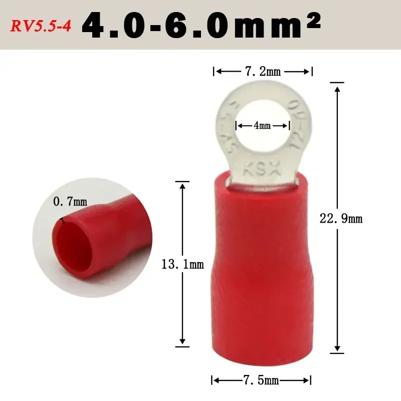 50pcs RV1.25-4 RV2-3 RV2-4 RV3.5-4 RV5.5-4 Wire Terminal Crimp Splice PVC Insulation Circular Round Cold Press Cable End Connect