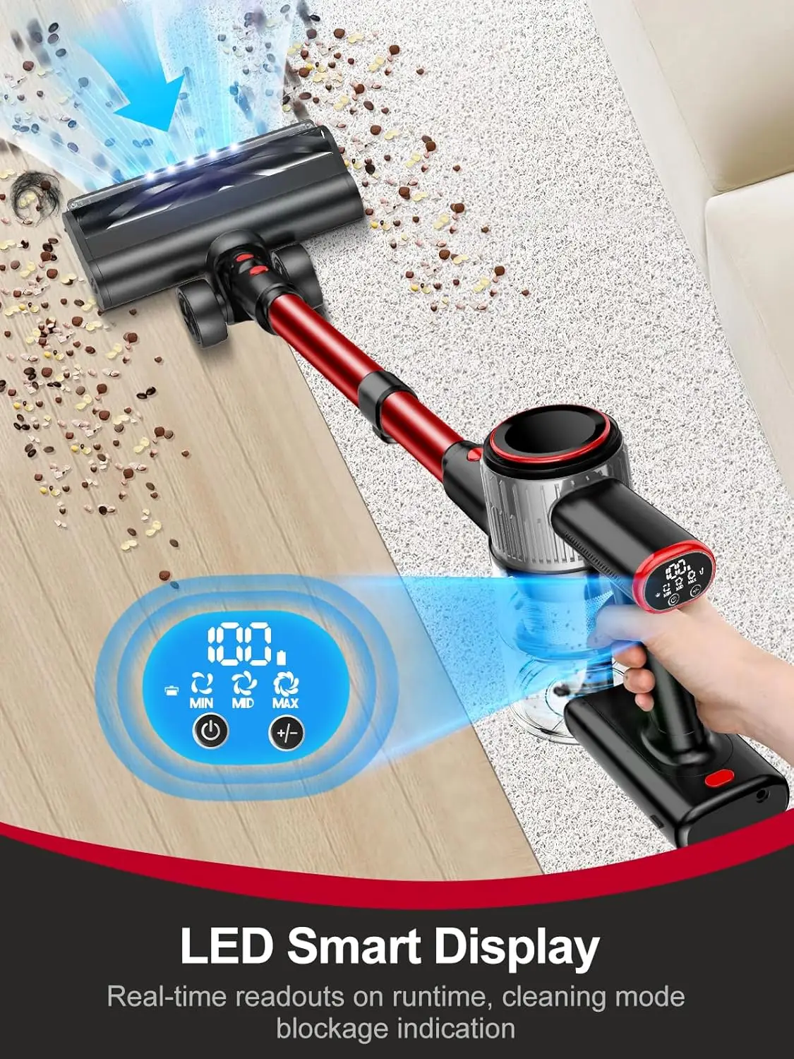 Cordless Vacuum Cleaner, 33Kpa Vacuum Cleaners for Home, 8-in-1 Anti-Tangle Stick Vacuum with LED Display, 3 Modes Suction