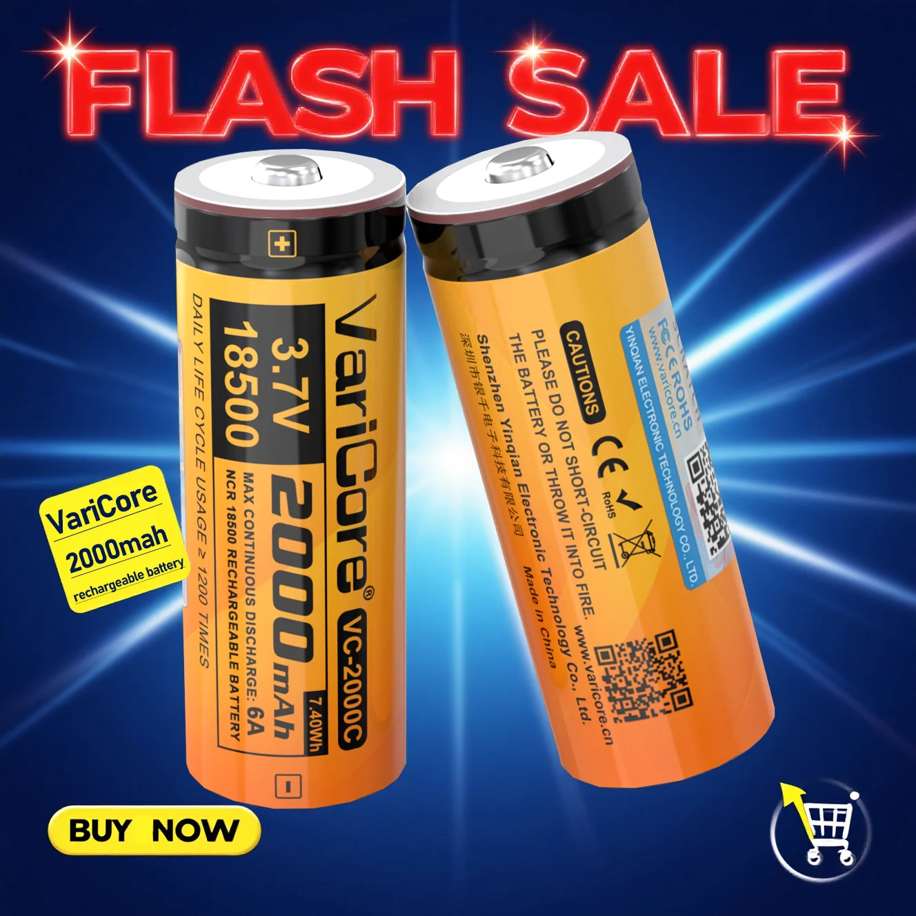 1-60PCS VariCore 18500 2000mAh with tip 3.7V Rechargeable Battery Recarregavel Lithium ion Battery For Flashlight dry DIY Nickel