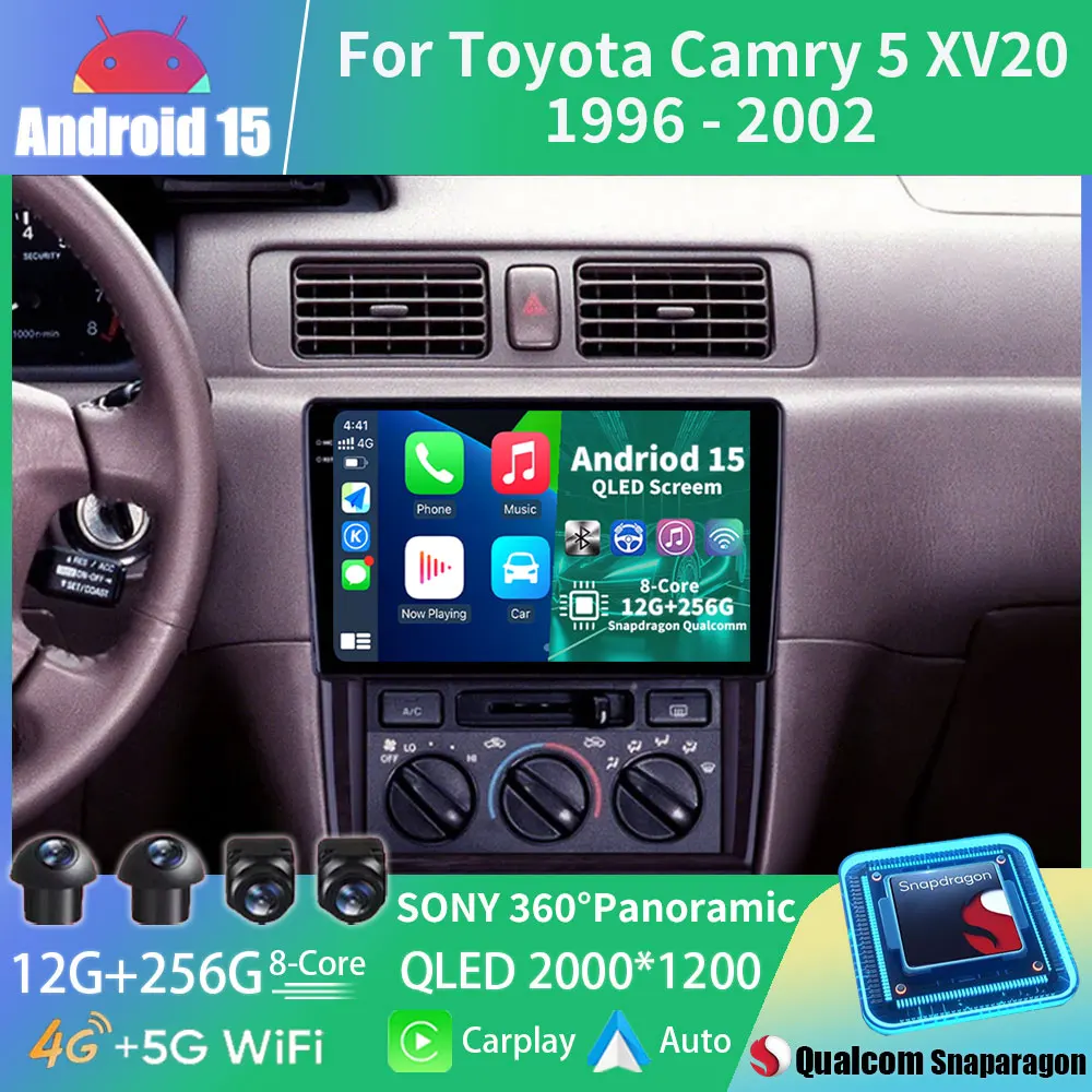Автомобильный радиоприемник Android 15 для Toyota Camry 5 XV20 1996-2002 GPS Мультимедийный плеер Navi Головное устройство 360 Камера Беспроводной Carplay DSP BT