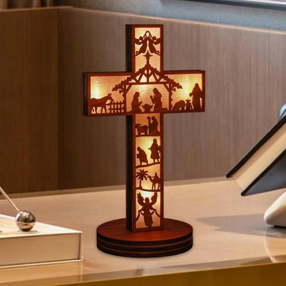 Handcrafted Handheld Prayer Ornament Vintage Night Light Desktop Cross Ornament with Base Wooden Decoration