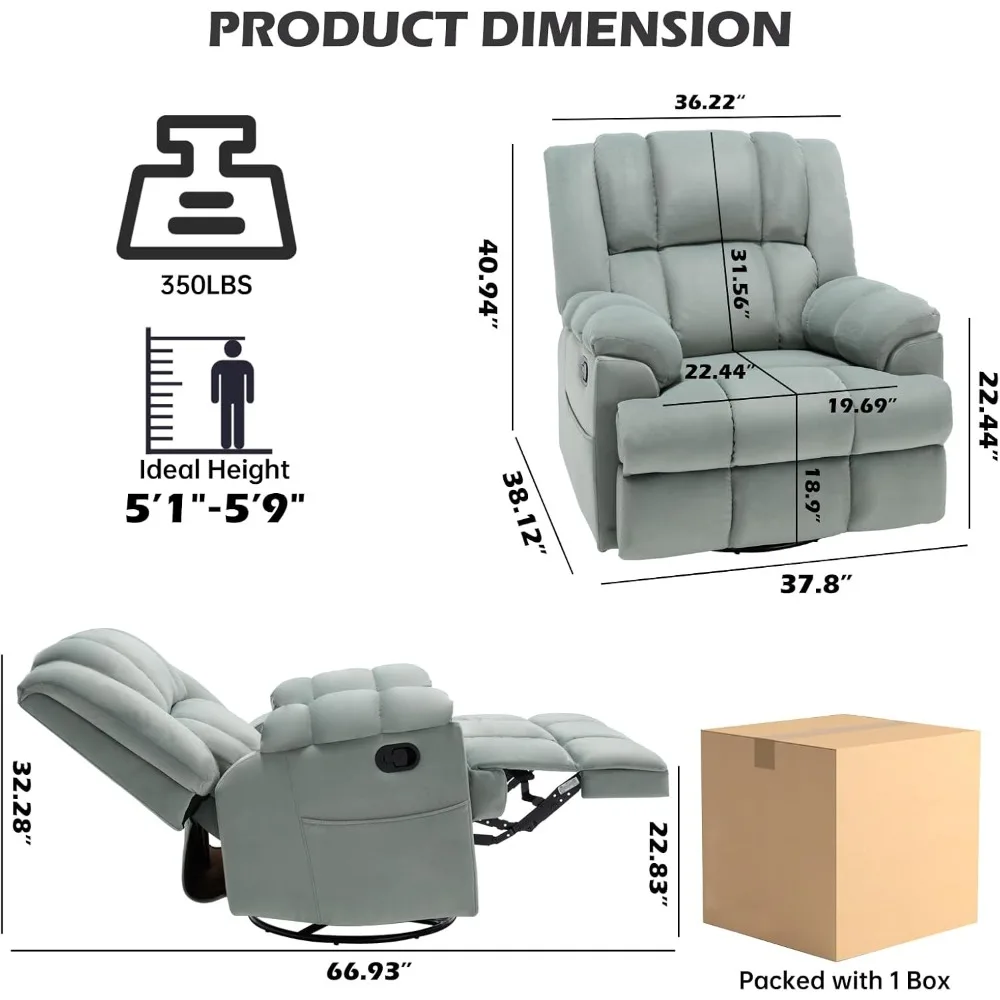 Living Room Chairs, Comfortable Overstuffed Cushion, Tech Fleece Fabric, Single Sofa, Large Manual Swivel Rocker Recliner Chair