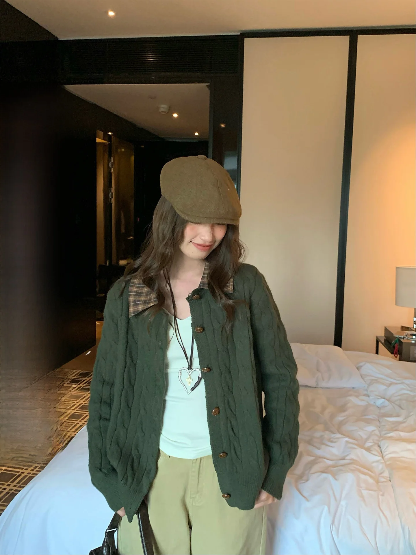 

iny een Olive Splicing Knitted Sweater Women's Open Cardigan Loose ort Thiened Sweater Jaet Commute Sle Winter