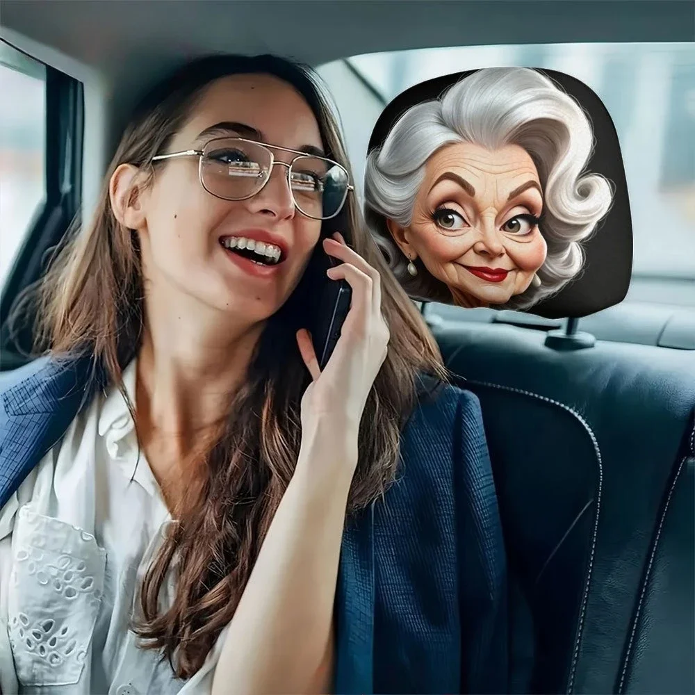 2pcs Cartoon Vintage Elegant Old Lady Print Car Headrest Cover Easy To Remove Wash Personalized Seat Protection