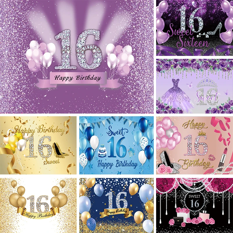 

Sweet 16 Party Decorations Girl Backdrop Purple Glitter 16th Birthday Boy Sixteen Years Old Diamond Balloons Photo Background