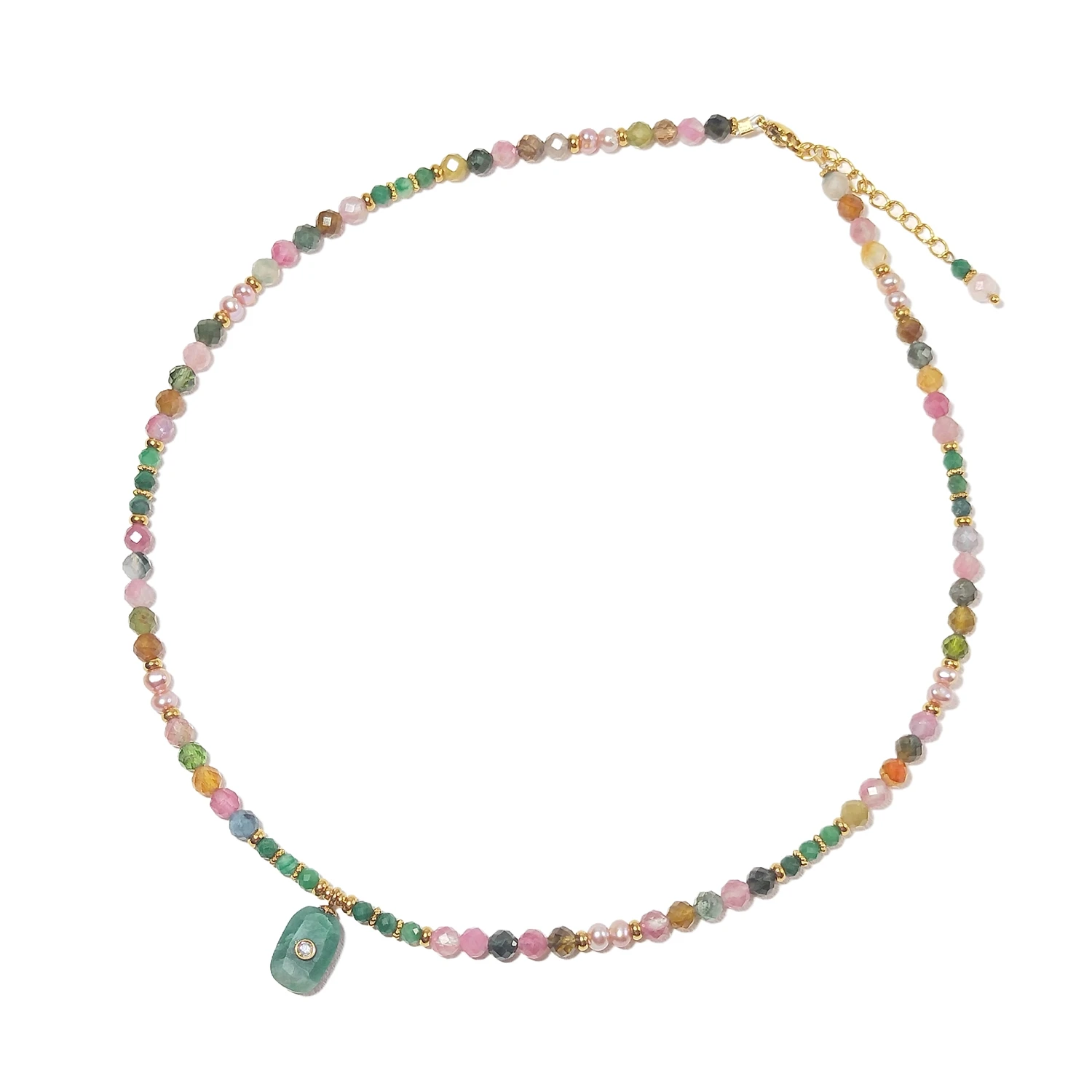 Lii Ji Rainbow Tourmaline 4mm Freshwater Pearl With Green Jade 3mm Facted Beads Necklace 40+3cm/ Bracelet 17+3cm /Earrings