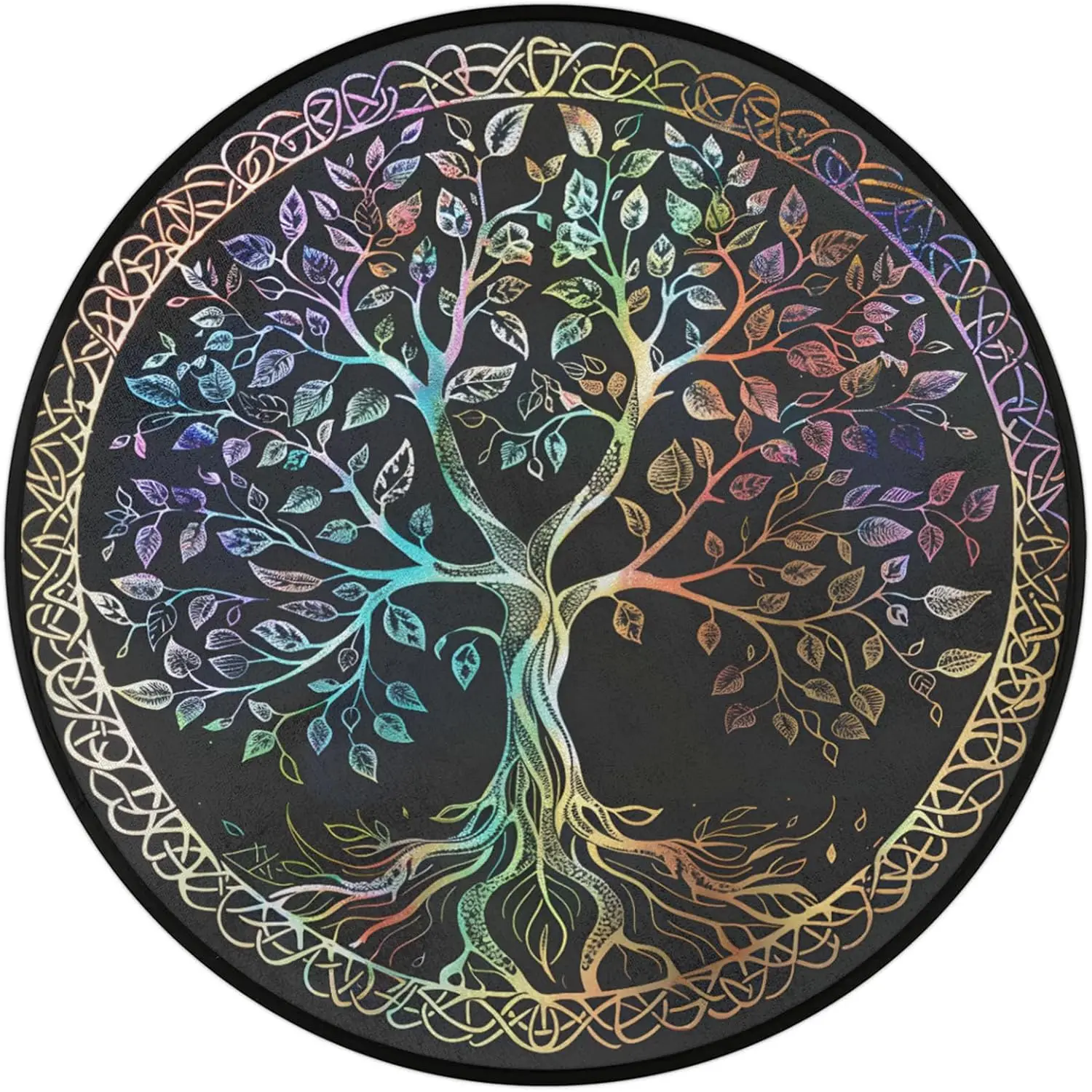 Rainbow Tree of Life Round Rug Iridescent Leaves Celtic Border for Spiritual Space