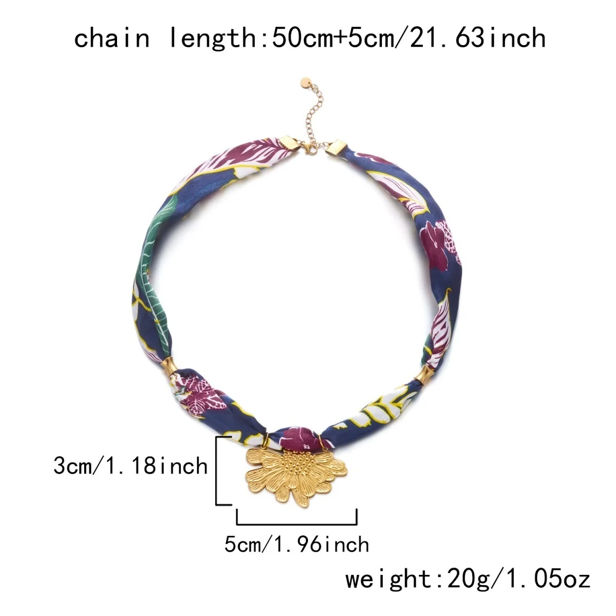Botanisch bedruckter marineblauer Schal, Edelstahl-Halskette mit geprägten Blumen für Damen, unregelmäßiger Acryl-Perlen-Choker-Schmuck – Detail 31