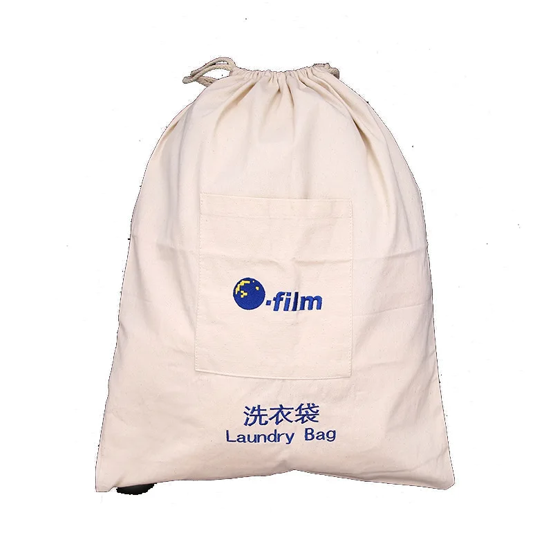 Custom cotton twill hotel dirty clothes bag with pockets canvas drawstring  laundry bag