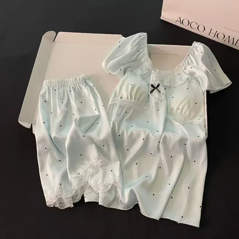 Damen-Pyjama mit BH-Einlagen, Neues Sommer-Set für Mädchen, Niedliches Polka-Dot-Design mit Spitzenbesatz, Damen-Heimkleidung, Auch für Draußen Tragbar, Kurzarm-Shorts-Pyjama-Set