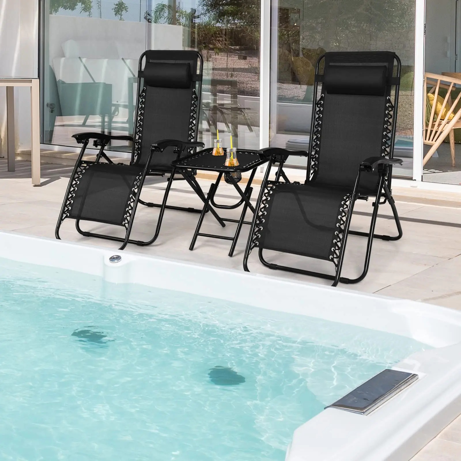 Zero Gravity stoelset 3-delige loungestoel voor buiten, fauteuils met bijzettafel, hoofdsteun en bekerhouders voor terras, tuin, zwembad, strand