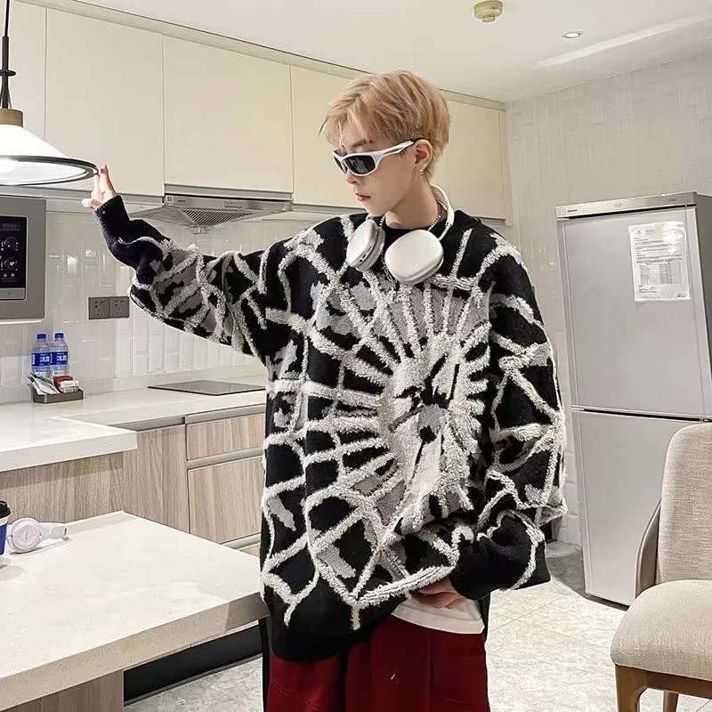 Dark Spider Men O Neck Long Sleeve Sweater Winter Teenager Street Fashion All-match Loose Clothing Halloween Party Black Unisex