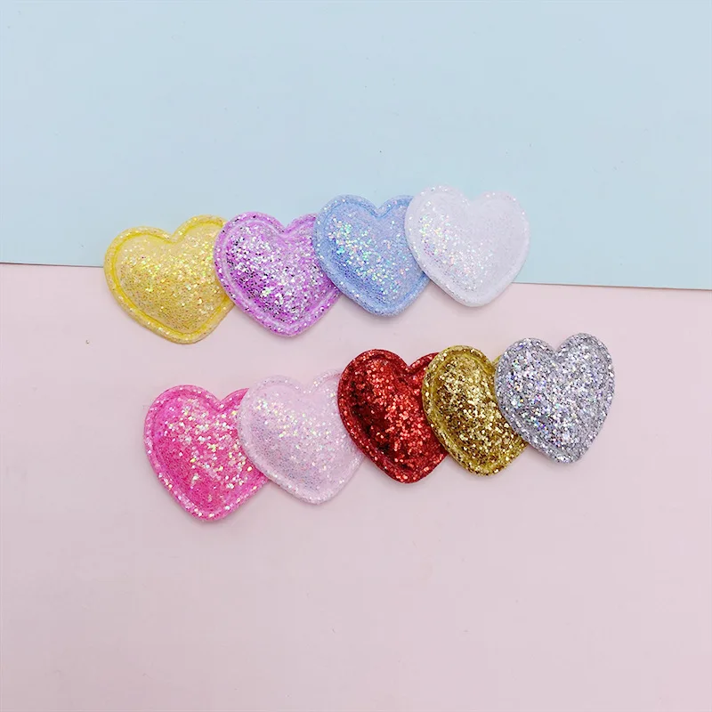 100Pcs 2.5CM Shiny Fabric Heart Padded Applique Patches For Clothes Hat Crafts Sewing Supplies DIY Headwear Accessories