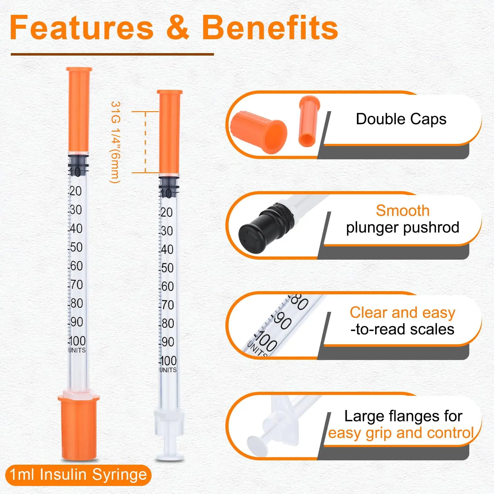100 قطعة 1 مللي 31 جرام 6 مللي متر حقنة الأنسولين المعقمة مع إبرة 1/4 بوصة معبأة بشكل فردي لاستخدام مزرعة الحيوانات الأليفة