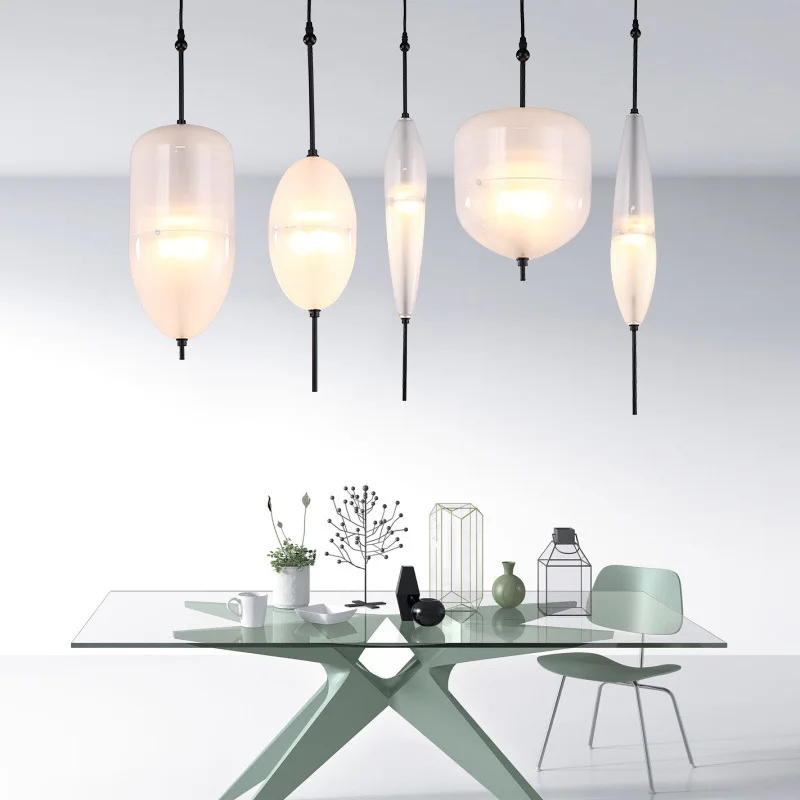 Modern Simple Lake Blue Gradient Glass Pendant Lamp Designer Model Room Bedroom Restaurant Bar LED Chandelier Home Decor Light