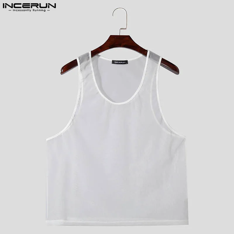 INCERUN Men Tank Tops Mesh Transparent Solid Color O-neck Sleeveless Vests Streetwear 2024 Summer Fashion Men Clothing S-5XL