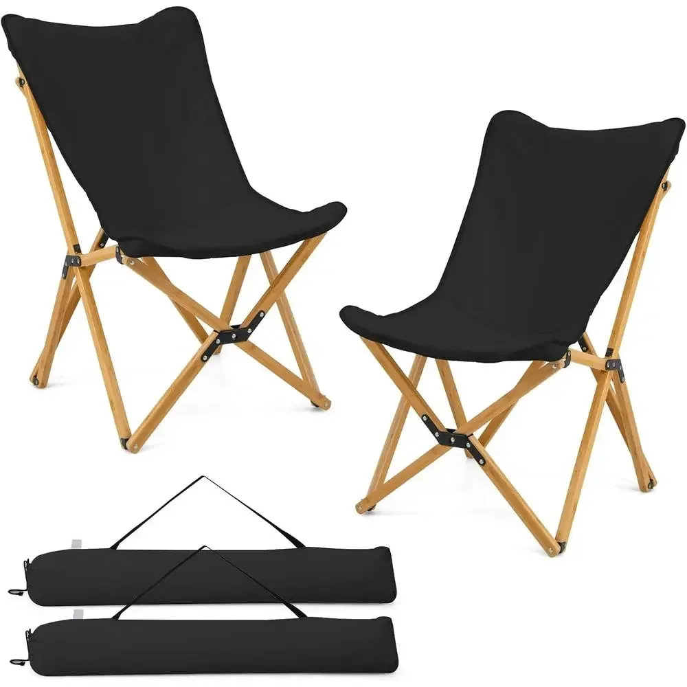 2-Piece Portable Folding Bamboo Lawn Chairs with Canvas Seats, Backpacking & Beach Travel Chairs, Carry Bag Included