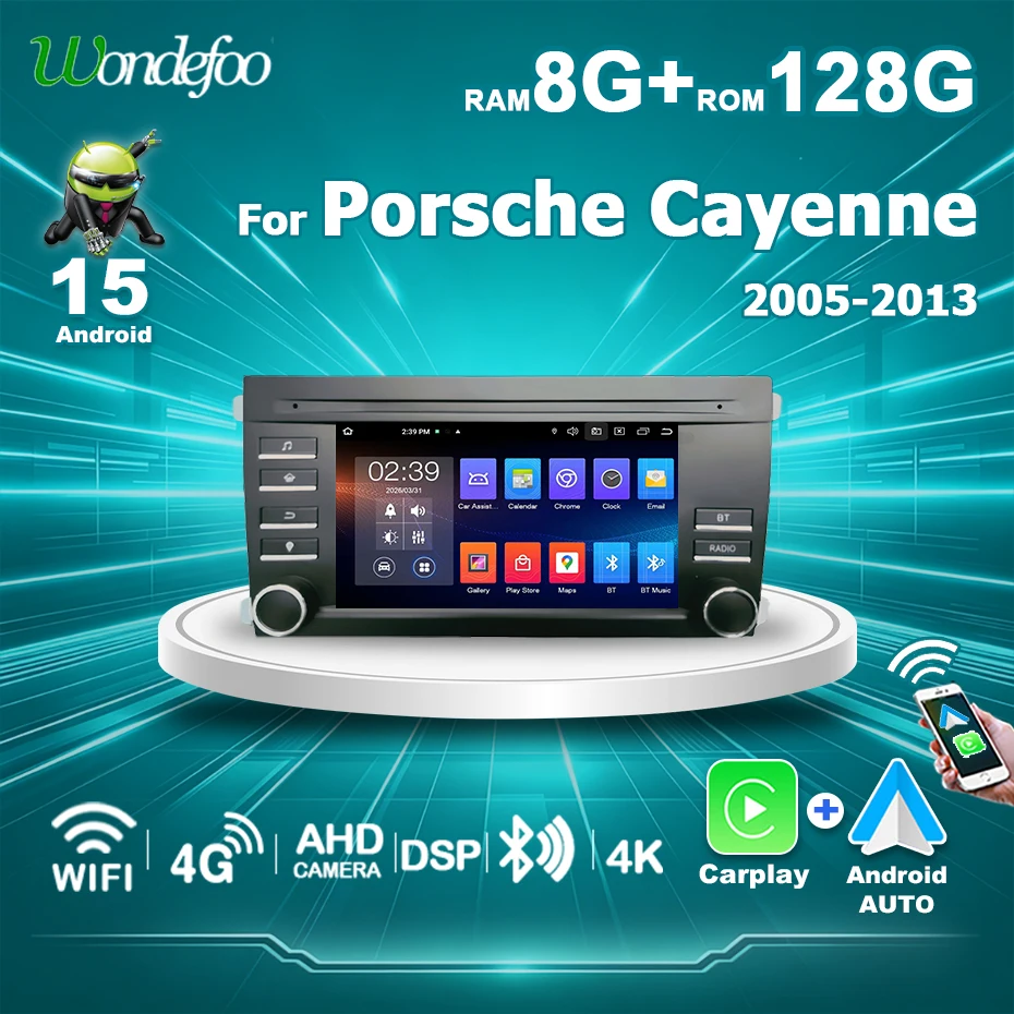 Wireless Carplay Android 15 Autoradio per auto Schermo da 7 pollici Lettore multimediale per Porsche Cayenne 2005-2013 Bluetooth Stereo Autoradio Navigazione WIFI 4G BT 2 DIN