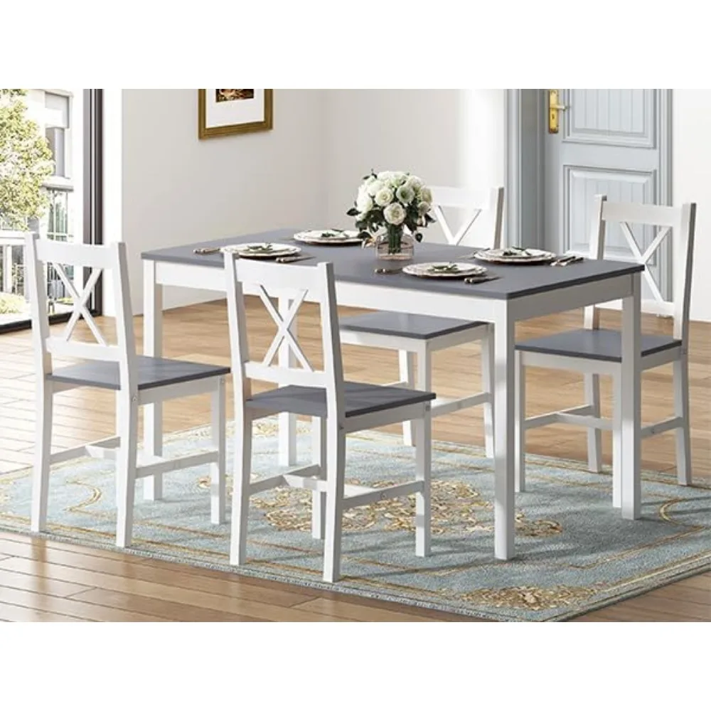 Dining Table Set for 4，Dinette Set for 4 Small Space,5 Pieces Dining Table for Kitchen, Dining Room 47.5'', Pine Wood,Grey&White